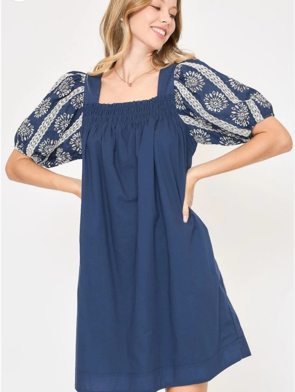 UMGEE Navy Blue Embroidered Puff Sleeve Square‎ Neck Smocked Babydoll Mini Dress